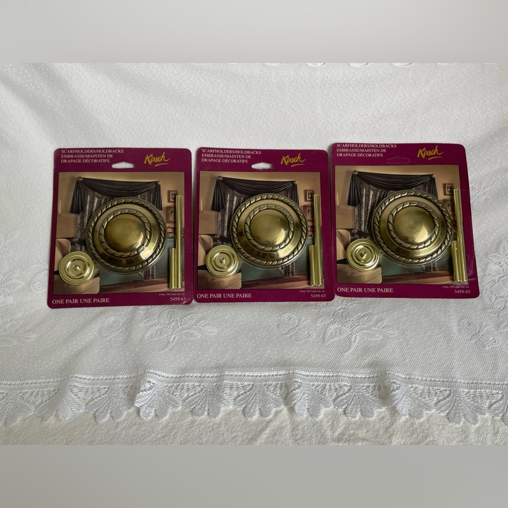 Lot Of 3 Vtg Kirsch Scarfholder Holdbacks One Pair Round Curtain Tie backs Brass